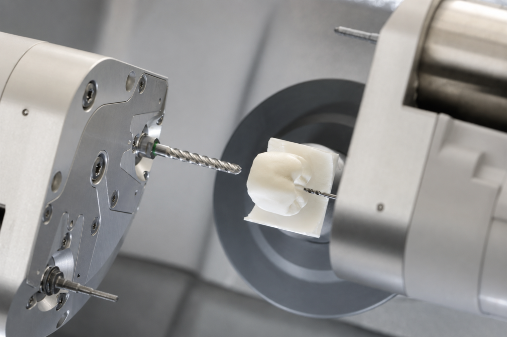Close-up of a precision milling machine with a spiraled drill approaching a white block clamped in the spindle.
