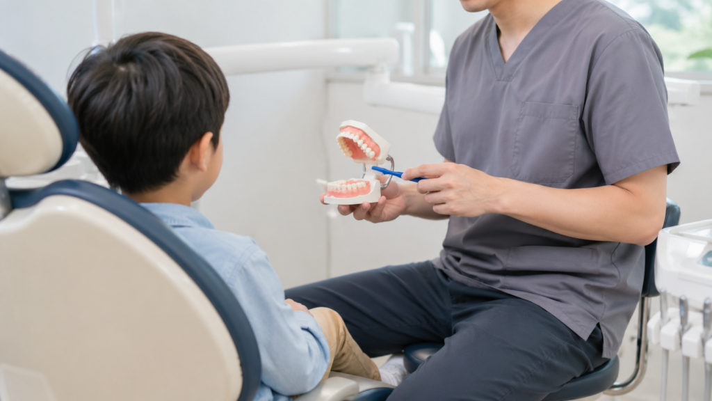 口の模型を使って説明を受けている子の様子